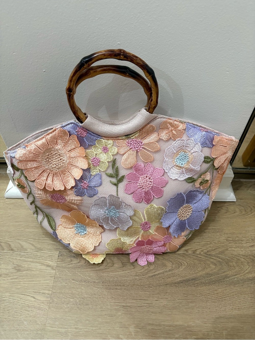 NWOT Floral Embroidered Pastel Tote Bag with Bamboo Handles